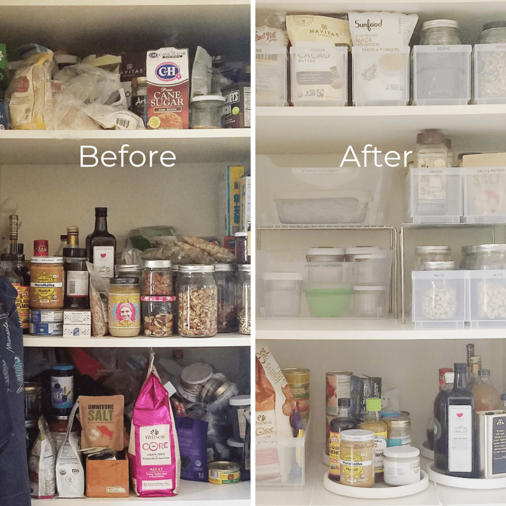 Before and after photos showcasing the organization transformation of a kitchen pantry.