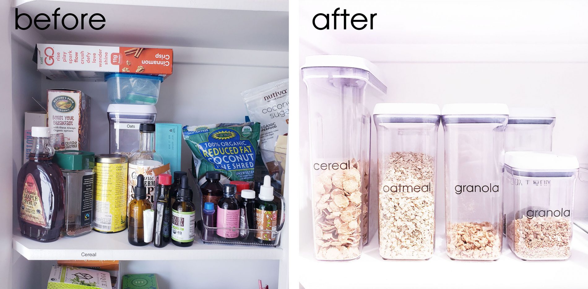 Before and after photos of a kitchen pantry.