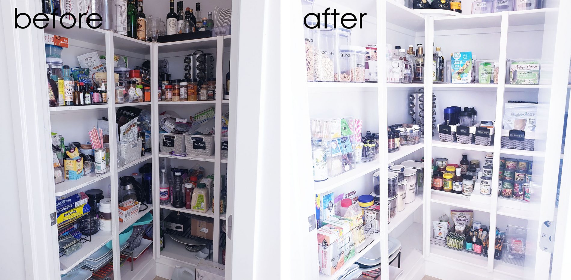 A before and after photo of a pantry.