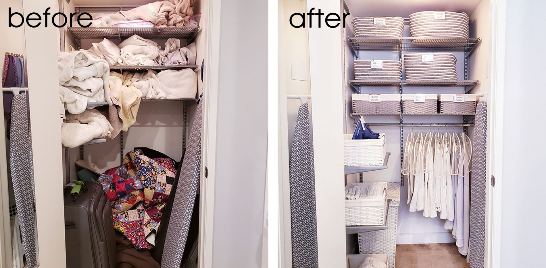 Before and after photos of organizing your linen closet with clothes and towels.