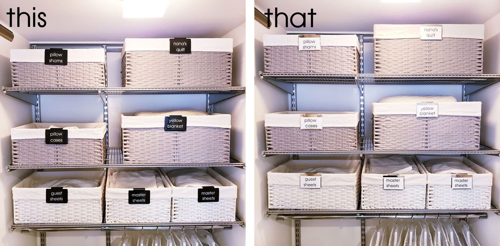 Two pictures of a linen closet with baskets on the shelves, helping to organize your space.