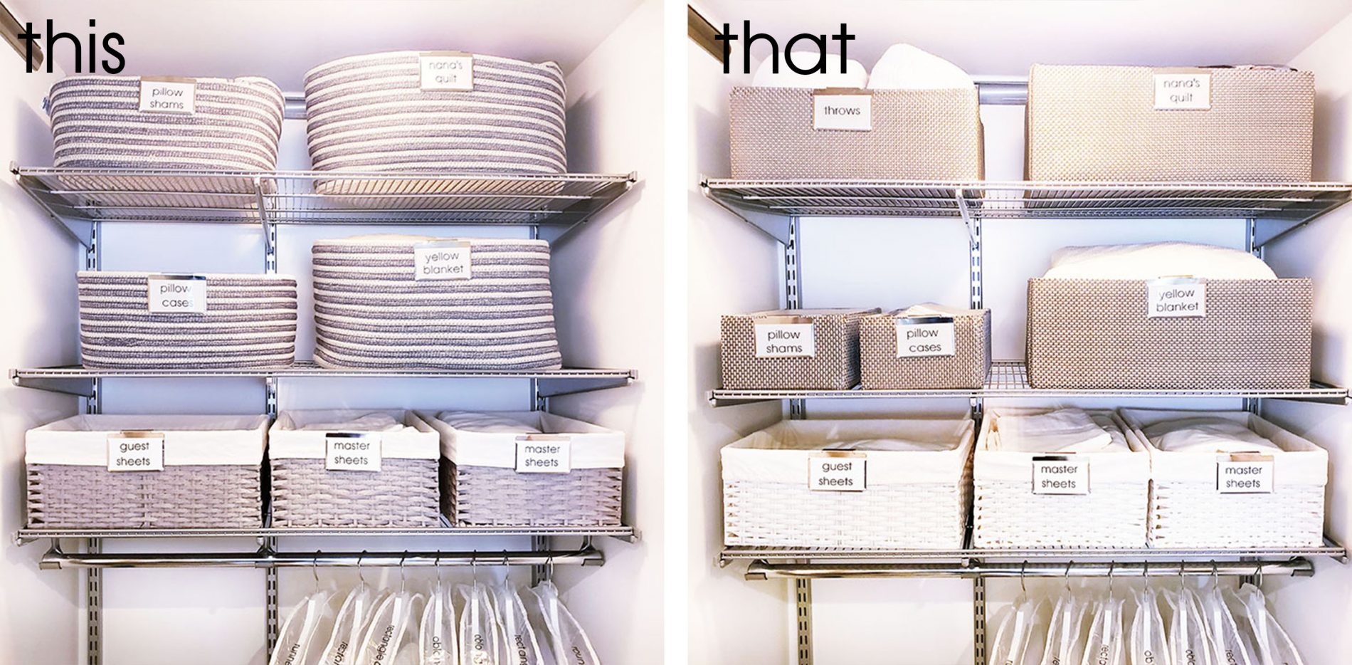Two pictures of a linen closet with white baskets to help organize your linen closet.