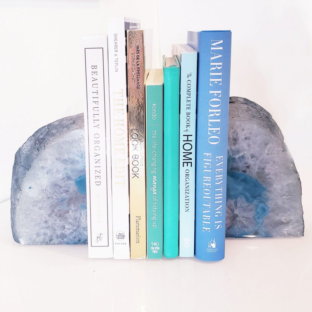 Blue agate bookends are a stylish and practical solution to organize your desktop.