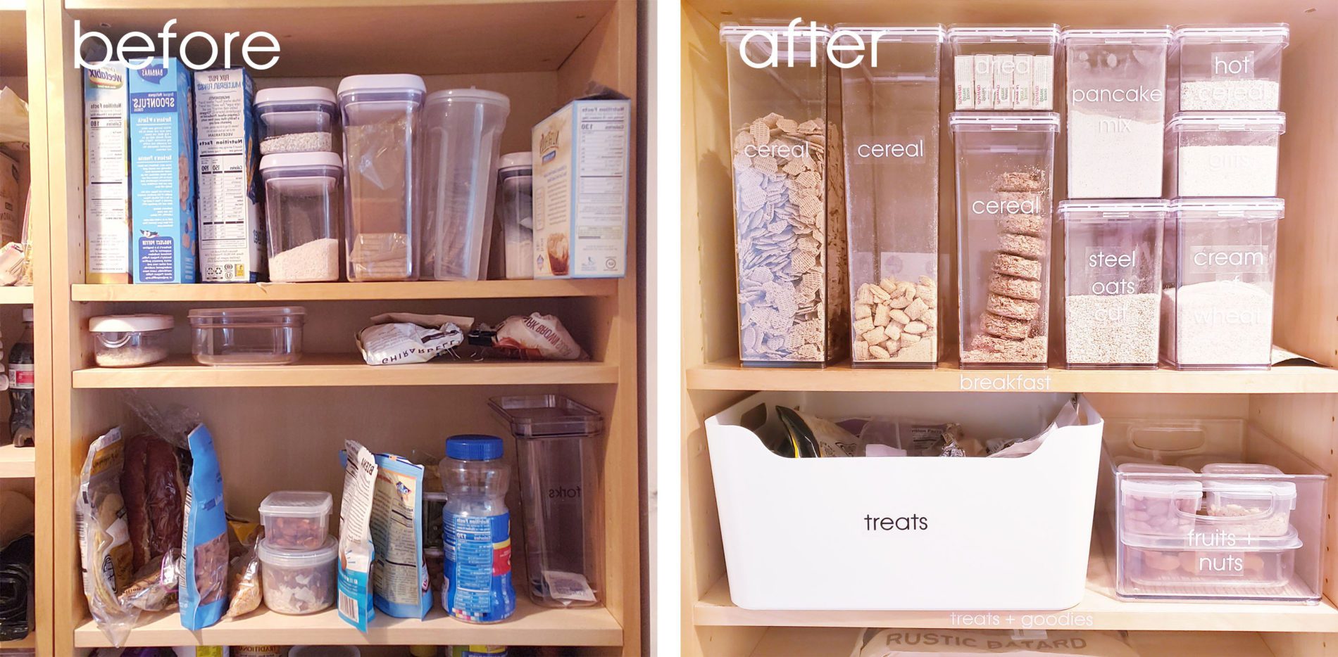 Before and after makeover of a kitchen pantry.