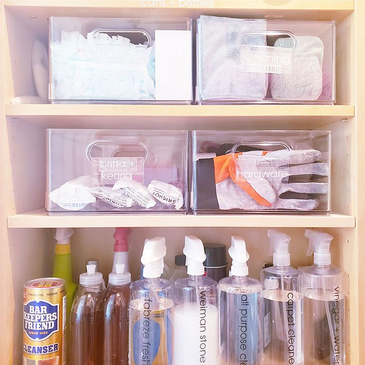 A pantry filled with cleaning supplies.