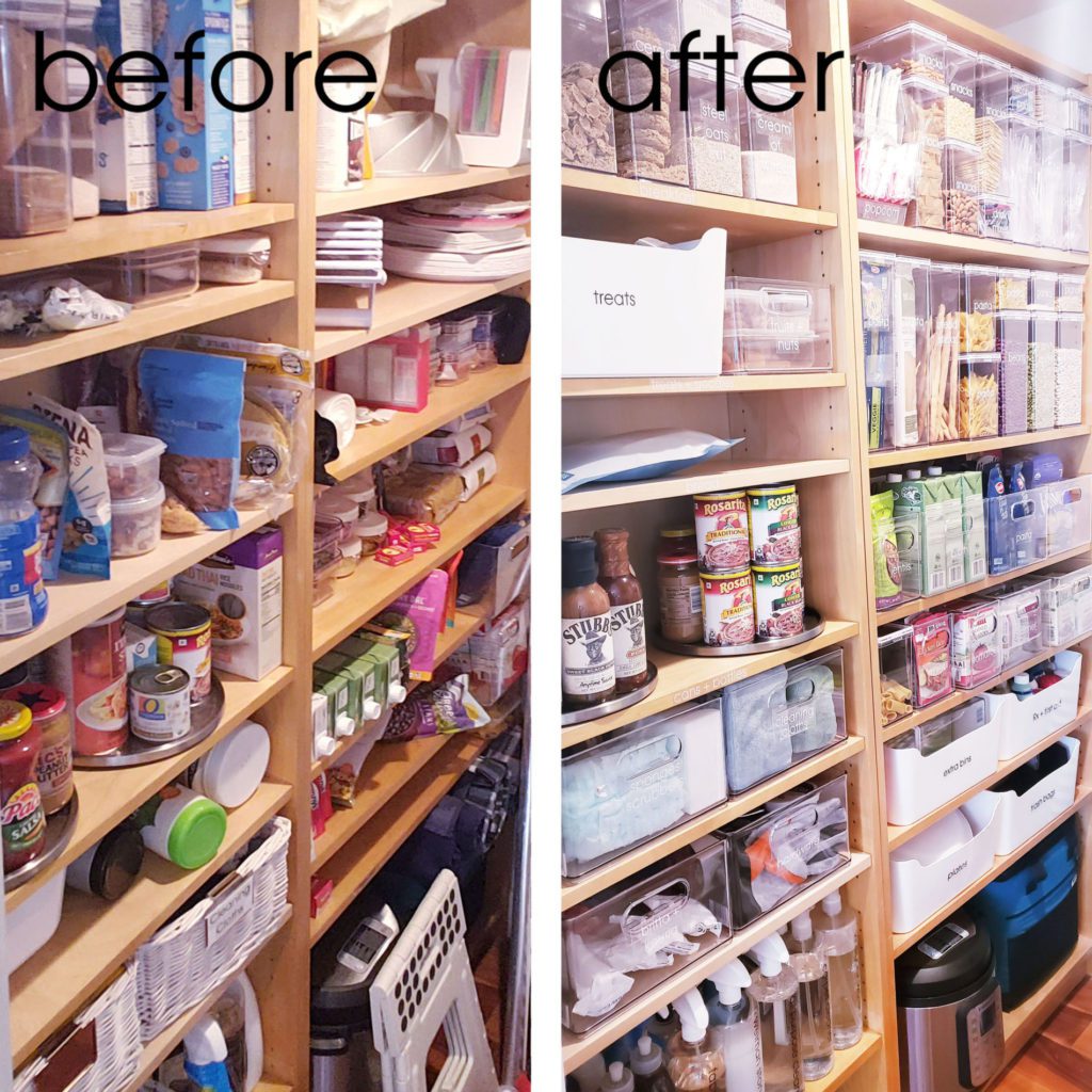 A before and after picture of a pantry transformation.