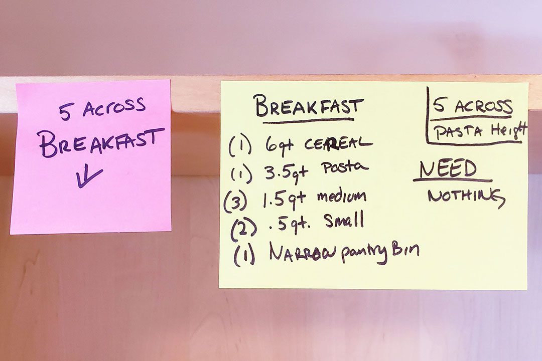 A post-it note on a pantry shelf with breakfast, lunch, and dinner written on it.
