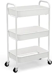 A white three - tier cart on wheels.