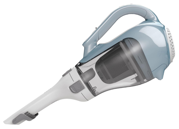 A blue and white vacuum cleaner on a white background.