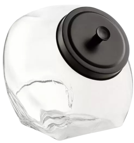 A clear glass container with a black lid.