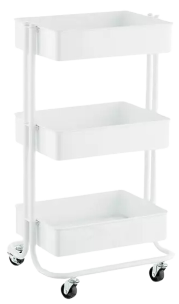 A white cart with three trays on wheels.