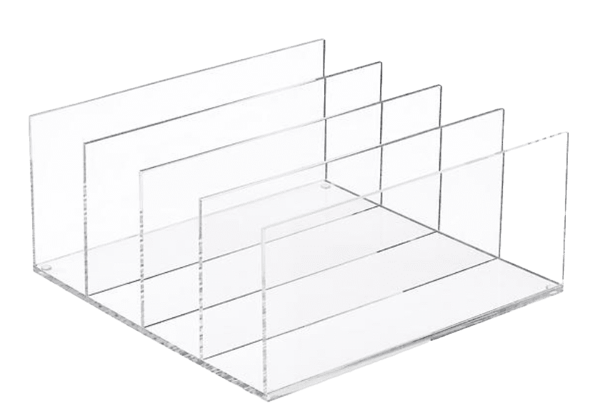 A clear acrylic file holder on a white background.