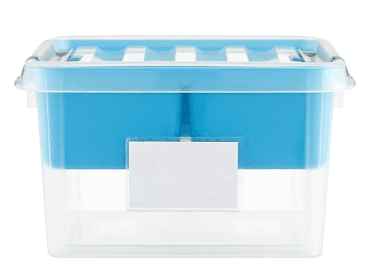 A blue and white plastic box with a lid.