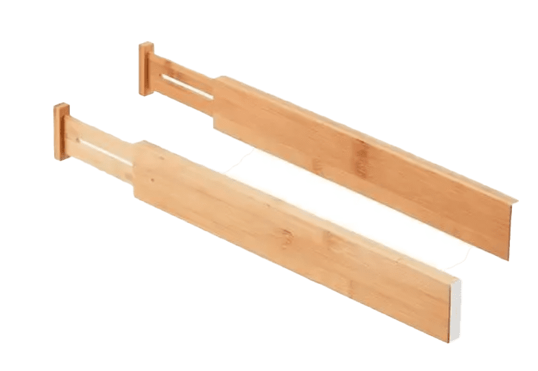 A pair of wooden shelf brackets on a white background.