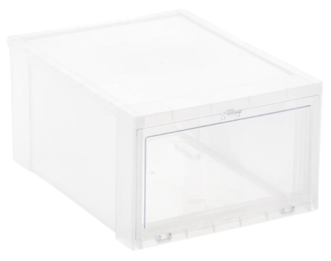 A clear plastic storage box on a black background.