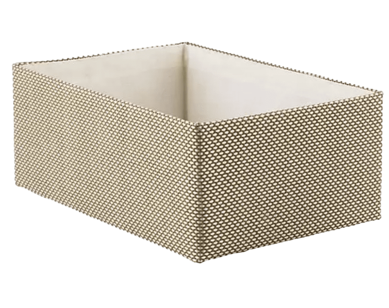 A beige and white storage box on a white background.