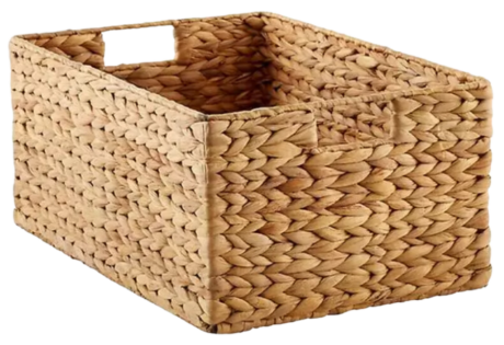 A wicker storage basket with handles.