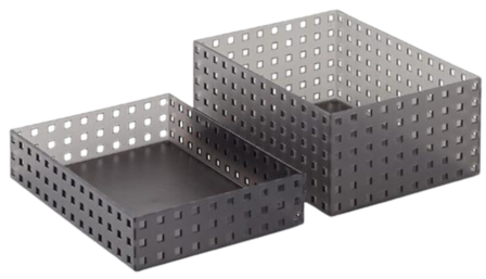 Two metal boxes with holes in them.