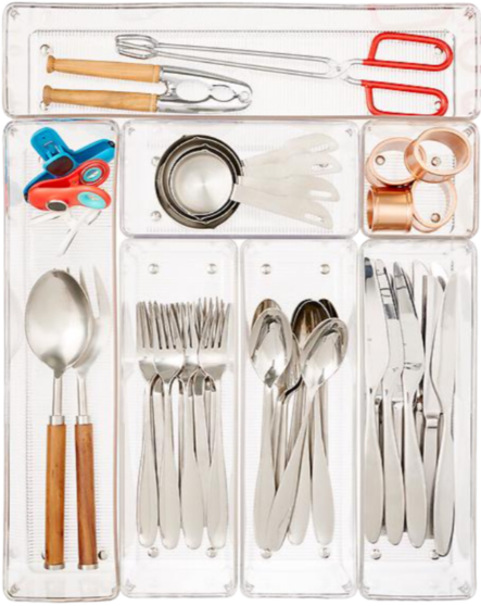 A plastic container filled with utensils and utensils.