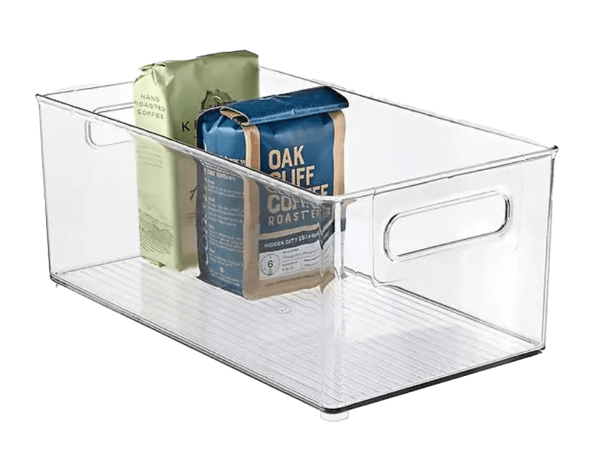 A clear storage bin with a bag of coffee.