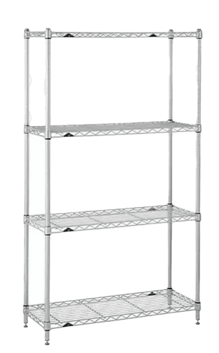 A chrome wire shelving unit on a white background.
