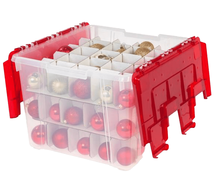 A red storage box filled with christmas ornaments.