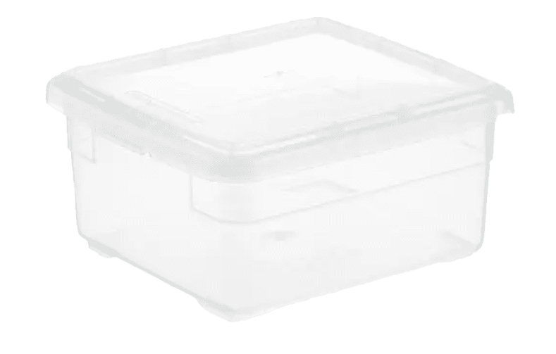 A clear plastic storage box on a white background.
