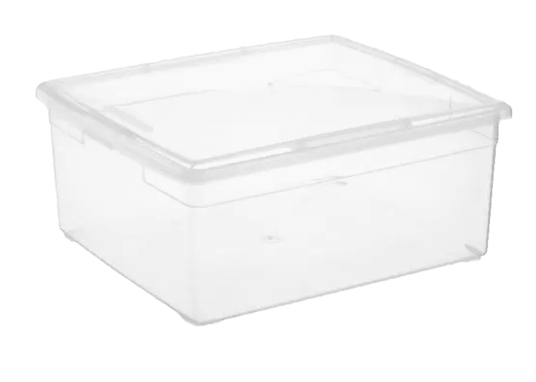 A clear plastic storage box on a white background.