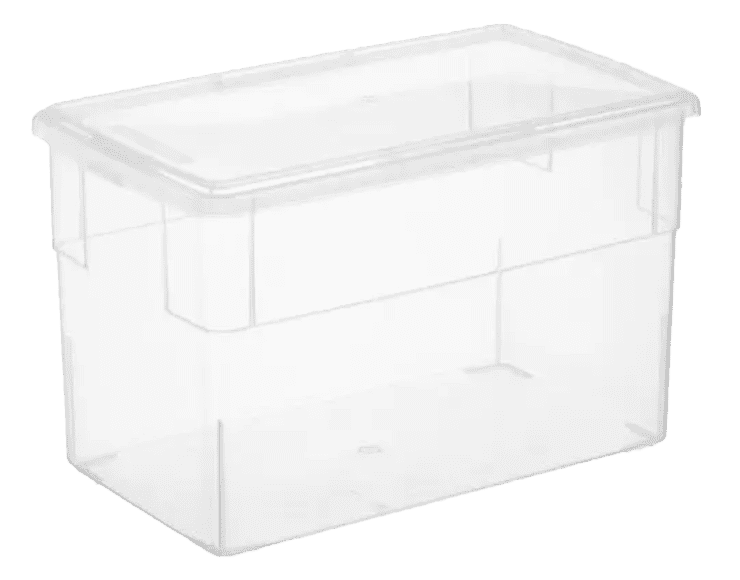 A clear plastic storage box on a white background.