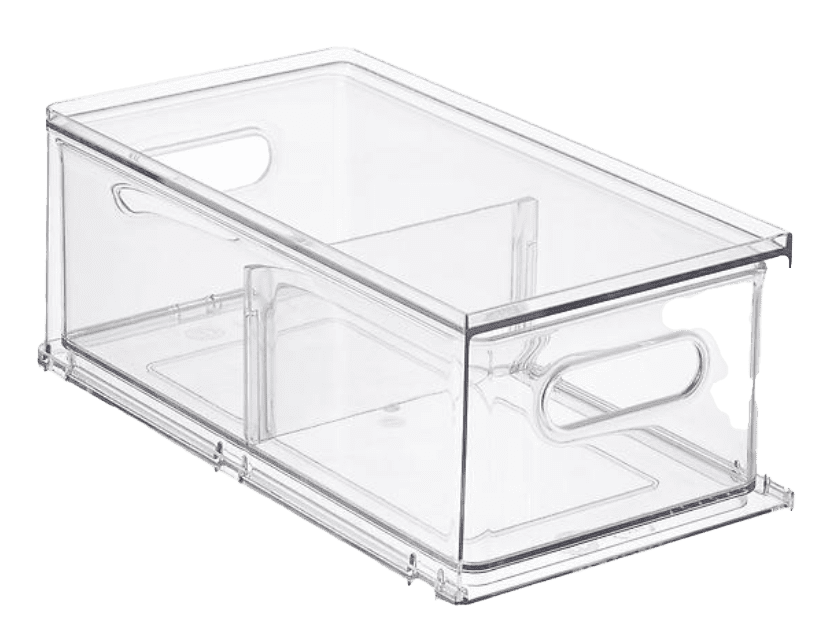 A clear plastic storage box with two compartments.
