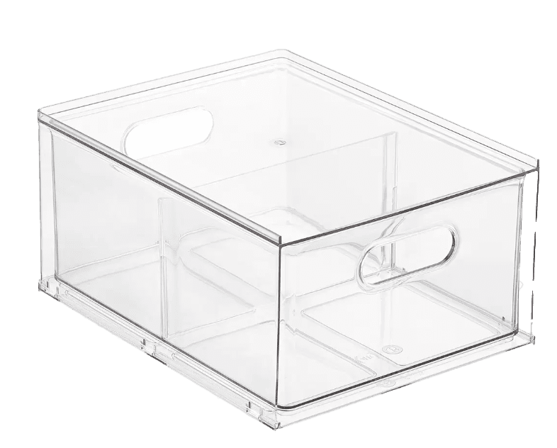A clear plastic storage box with two compartments.