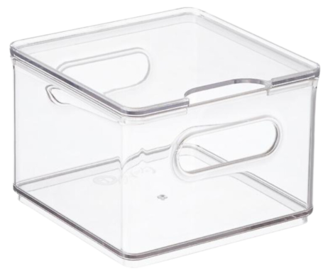 A clear plastic storage box with handles.