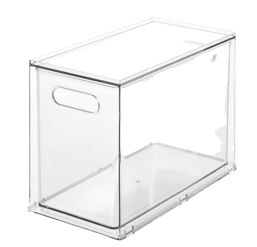 A clear plastic storage box on a white background.