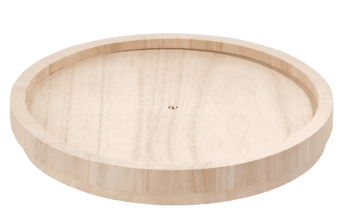 A round wooden tray on a white background.