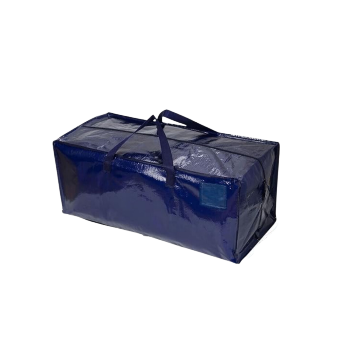 A blue duffel bag on a black background.