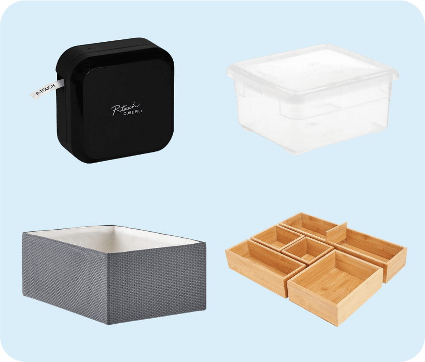 A variety of storage containers for decluttering on a blue background.