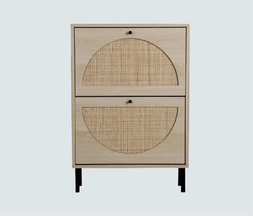 A wooden cabinet with a rattan door, perfect for spring cleaning.