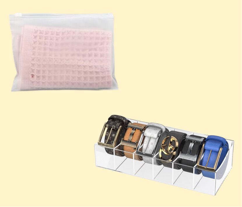 Storage bag and organized belts displayed.