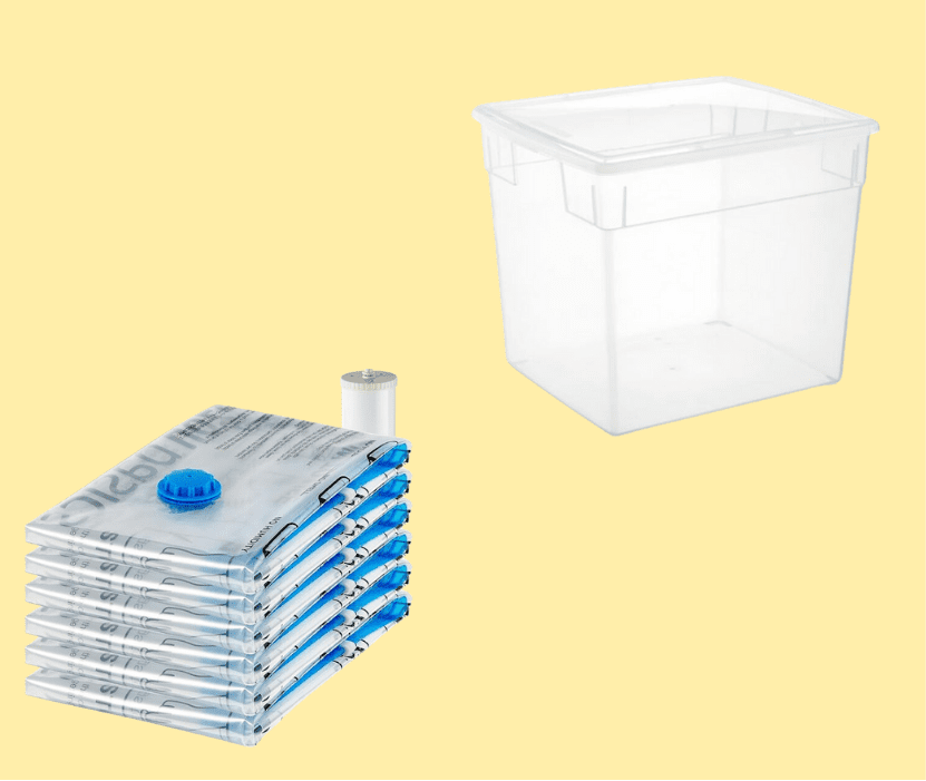 Stack of containers next to a storage bin.