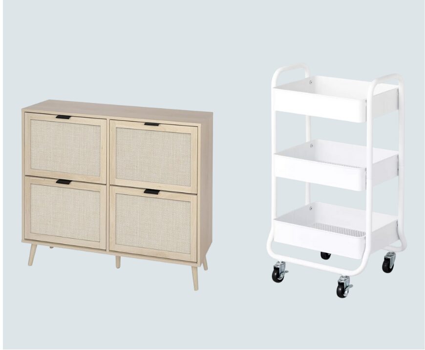 Storage furniture: cabinet and rolling cart.