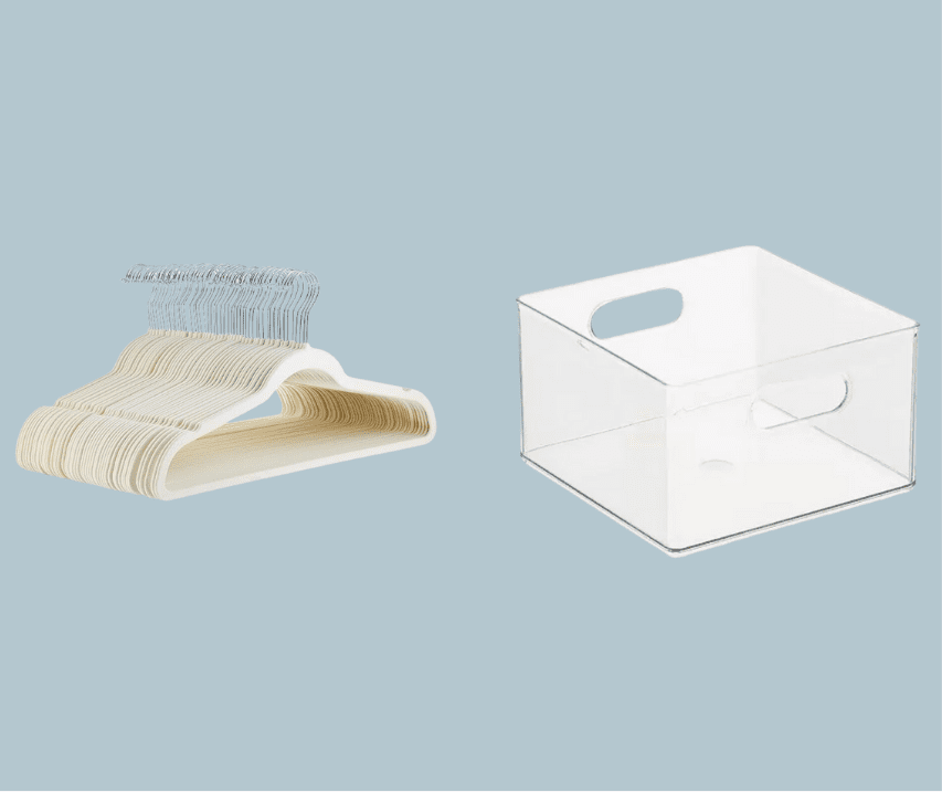 Hangers and a clear storage box.