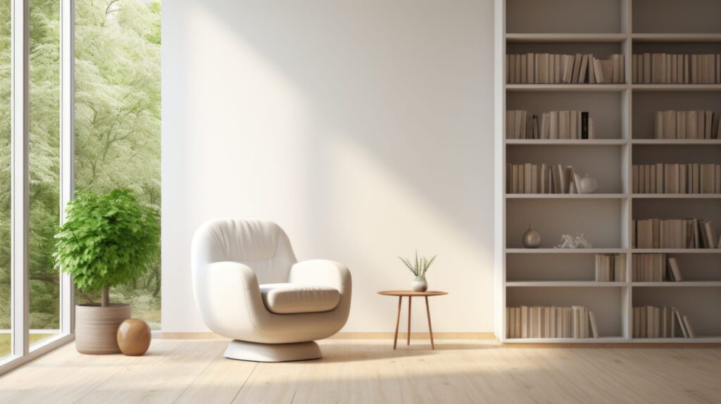 Cozy modern living space with bookshelf.