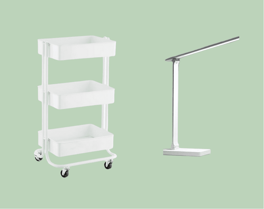 White rolling cart and modern desk lamp.