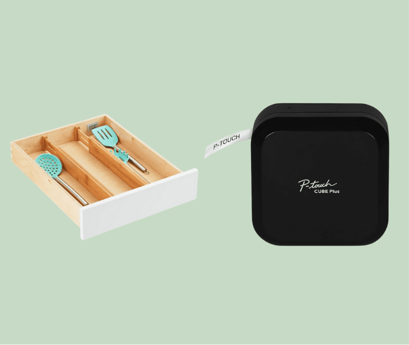 Drawer with kitchen utensils and label maker.