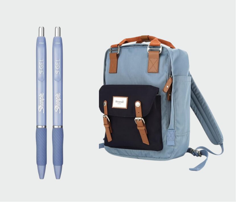 Blue pens and a stylish backpack.