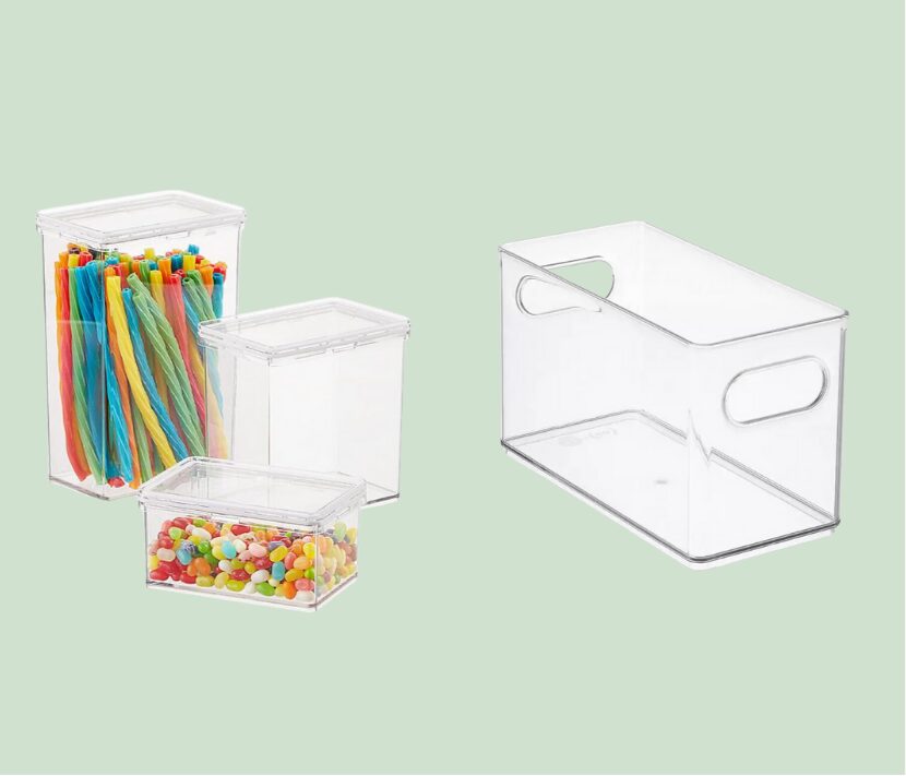 Clear storage containers with colorful candy.