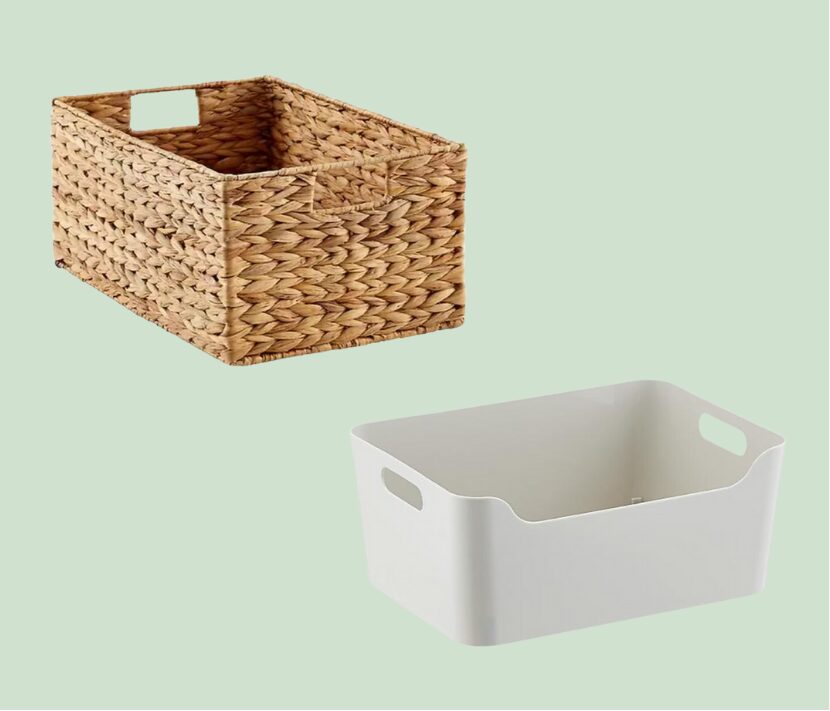 Two storage baskets on a green background.