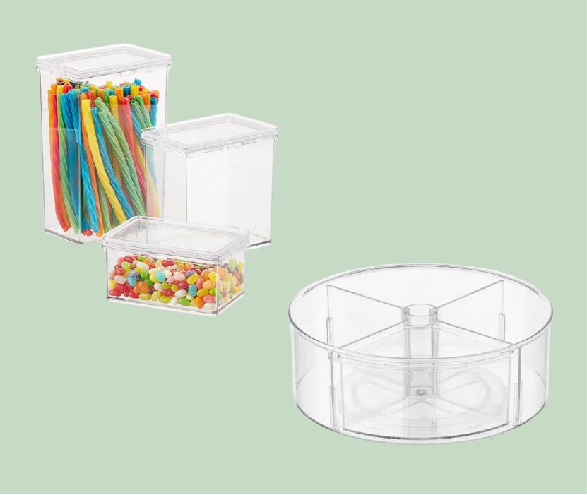 Clear storage containers with colorful contents.