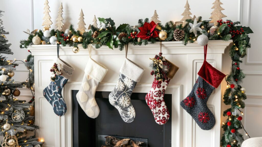 "Colorfully decorated Christmas stockings on mantel."