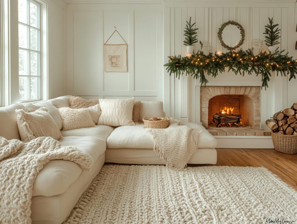 Cozy living room with warm fireplace ambiance.